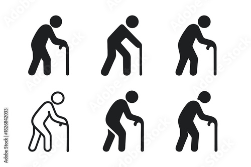 Elderly Care Icons. Aiding the elderly. Icon set. Set Logo of aiding the elderly: Elderly person with walking cane. harmonious logo variations of the same