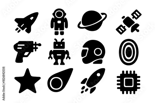Sci-Fi Icon Set. Sci-Fi Universe. Solid icon set of Sci-Fi Universe: spaceship, astronaut, planet, satellite, ray gun, robot, cyber helmet, portal, star,
