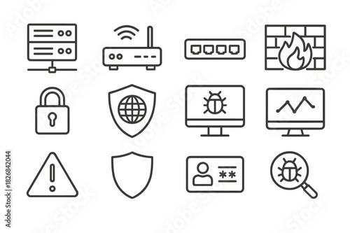 Network Security Icons. Network Security. Line icon set of Network Security: server, router, switch, firewall, encryption, VPN, intrusion detection,