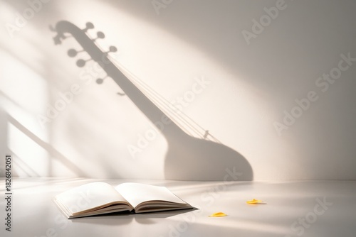 An Artistic Display of an Open Book and Intriguing Shadow of a Musical Instrument, Evoking Creativity and Serenity in a Minimalist Setting