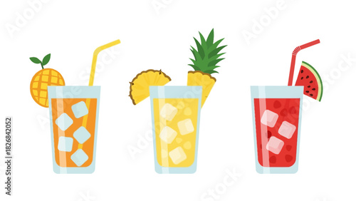 Refreshing summer drinks with ice and fruit garnishes, perfect for a tropical vacation