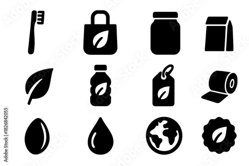 Eco Icon Grid. Eco Product Design. Solid icon set of Eco Product Design: bamboo toothbrush, reusable bag, glass jar, paper packaging, leaf, plant-based bottle,