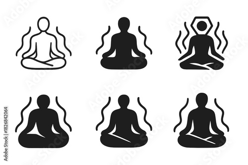 Meditative Energy Logos. person in meditation with energy flow. Icon set. Set Logo of person in meditation with energy flow: seated figure with aura lines.