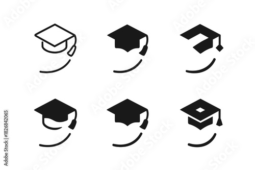 Graduation Cap Logos. Graduation cap toss. Icon set. Set Logo of graduation cap toss: flying graduation cap. harmonious logo variations of the same emblematic