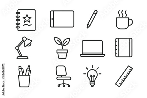 Creative Workspace Icons. Creative Workspace. Line icon set of Creative Workspace: sketchbook, tablet, pencil, coffee cup, desk lamp, plant, laptop, notebook,