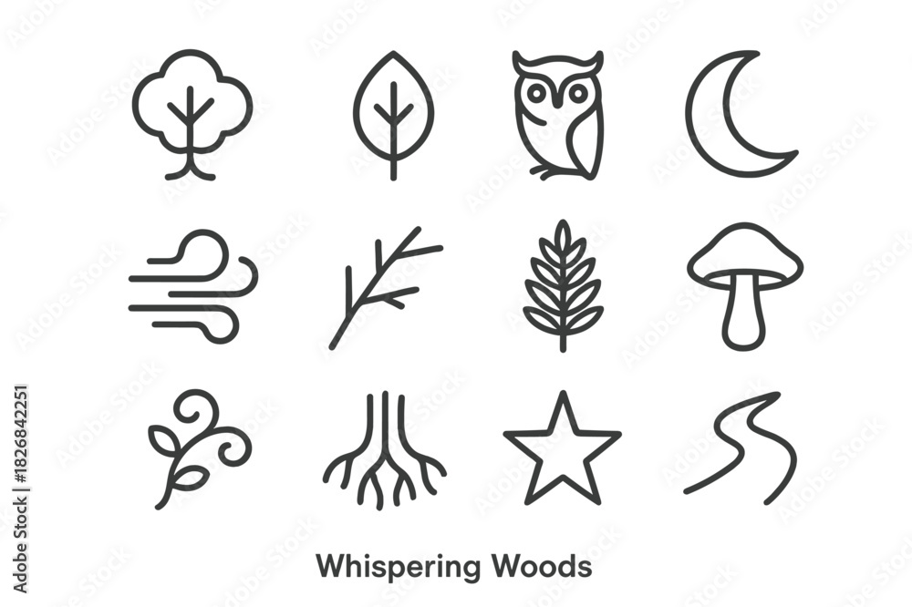 Fototapeta premium Whispering Woods Icons. Whispering Woods. Line icon set of Whispering Woods: tree, leaf, owl, moon, mist, branch, fern, mushroom, vine, root, star, path. All