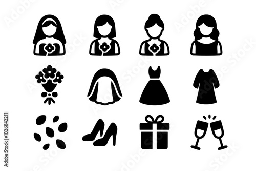 Bridal Group Icons. Bridal group. Solid icon set of Bridal group: bride, bridesmaid , bridesmaid , bridesmaid , bridesmaid , bouquet, veil, wedding dress,