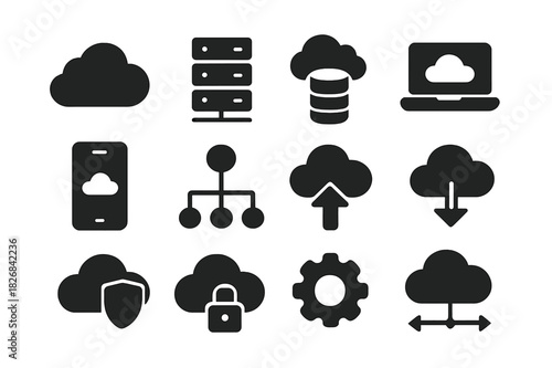 Cloud Computing Icons. Cloud computing. Solid icon set of Cloud computing: cloud, server, database, laptop, smartphone, network, upload arrow, download arrow,