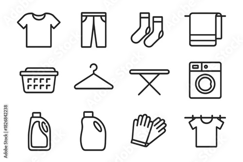 Laundry Icon Set. Folding Laundry. Line icon set of Folding Laundry: t-shirt, pants, socks, towel, laundry basket, hanger, ironing board, folded stack, washing