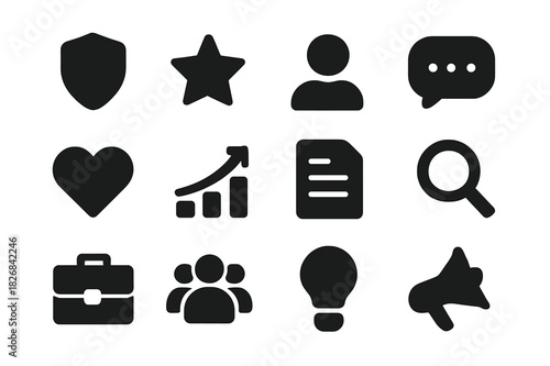 Reputation Management Icons. Reputation management. Solid icon set of reputation management: shield, star, person, chat bubble, heart, chart, document,
