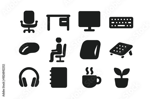 Ergonomic Workspace Icons. Ergonomic Workspace. Solid icon set of chair, desk, monitor, keyboard, mouse, posture icon, lumbar cushion, footrest, headset,