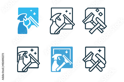 Window Cleaning Logos. washing windows. Icon set. Set Logo of washing windows: cleaning tools arrangement. harmonious logo variations of the same emblematic
