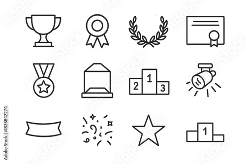 Achievement Icon Set. Achievement display. Line icon set of Achievement display: trophy cup, ribbon, laurel wreath, certificate, medal, display case, podium,