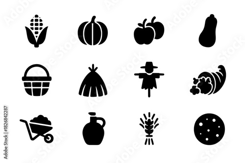Harvest Icon Collection. Harvest elements. Solid icon set of Harvest elements: corn, pumpkin, apples, squash, basket, haystack, scarecrow,