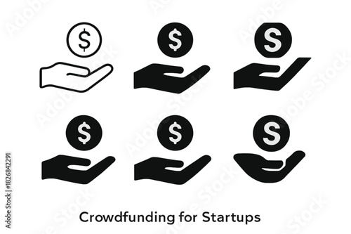 Crowdfunding Icons Set. Crowdfunding for Startups. Icon set. Set Logo of Crowdfunding for Startups: Donation Hand. harmonious logo variations of the same