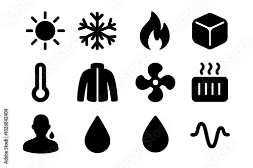Heat and Cold Symbols. Heat and cold balance. Solid icon set of heat and cold balance: sun, snowflake, flame, ice cube, thermometer, jacket, fan, heater, body