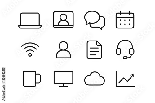 Remote Collaboration Icons. Remote collaboration. Line icon set of remote collaboration: laptop, video call, chat bubble, calendar, wifi, person, document,