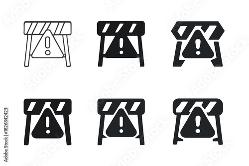 Evacuation Roadblock Icons. roadblock for evacuation. Icon set. Set Logo of roadblock for evacuation: barricade with warning sign. harmonious logo variations