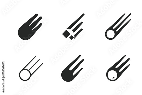 Meteor Shower Icons. Meteor shower. Icon set. Set Logo of meteor shower: Meteor trail with glowing tail. harmonious logo variations of the same emblematic
