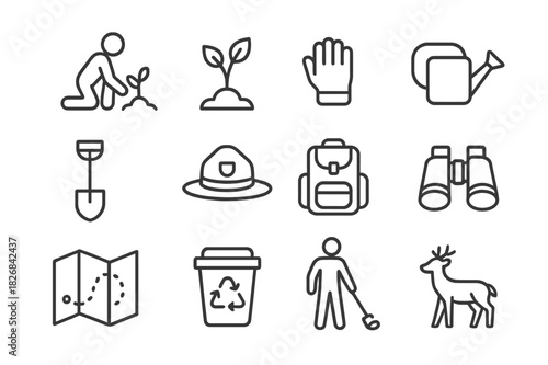 Environmental Icons Set. Environmental engineering. Solid icon set of environmental engineering: gear, water droplet, leaf, tree, cloud, globe, light bulb,