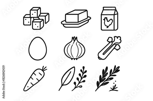 Baking Essentials Icons. Baking Essentials. Line icon set of Baking Essentials: bread cubes, butter, chicken broth, egg, onion, celery, carrot, sage, thyme,