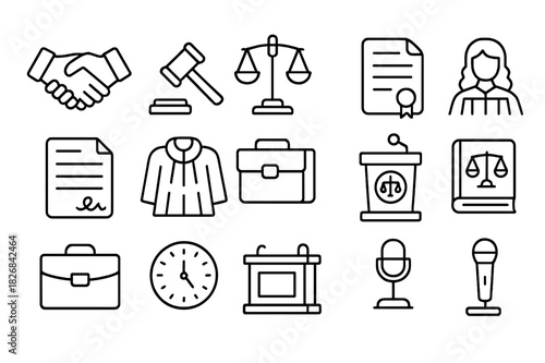 Mediation Icons Set. Mediation process. Line icon set of Mediation process: handshake, gavel, balance scales, legal document, contract, judge robe, courtroom