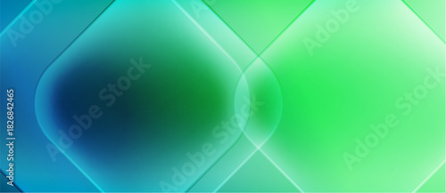 Abstract background features vibrant blue, green gradients. Overlapping shapes create soft glow, modern aesthetic. Smooth transitions define composition.