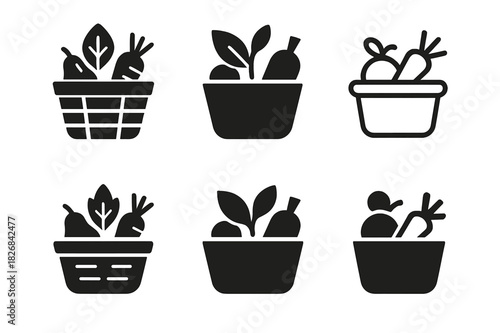 Harmonious Logo Variations. Raw. Icon set. Set Logo of raw: raw ingredients basket. harmonious logo variations of the same emblematic concept, each with