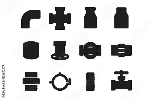 PVC Pipe Icons. PVC Pipe Fittings Set. Solid icon set of elbow joint, T-joint, coupler, reducer, end cap, flange, union, cross joint, threaded adapter, pipe