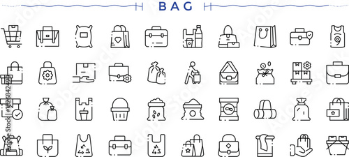Bag icon set. Pictograms of tote, shop, shopping shopping, pack, market and more. Line symbol and sign. Pixel perfect. Editable vector. Shopping Bag modern icon set.