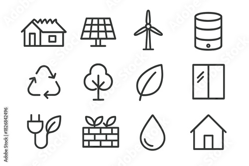 Eco Building Icons. Eco buildings. Line icon set of eco buildings: green roof, solar panels, wind turbine, water tank, recycling symbol, tree, leaf, glass