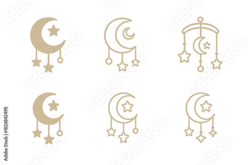 Baby Shower Icon Set. Baby shower party ideas and decorations. Icon set. Set Logo of baby shower party ideas and decorations: moon and stars with baby mobile.