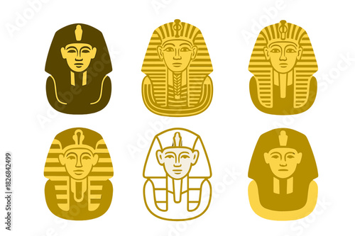 Tutankhamun Icon Variations. Famous archeological discoveries and their significance. Icon set. Set Logo of Tutankhamun?s Mask: golden pharaoh face with