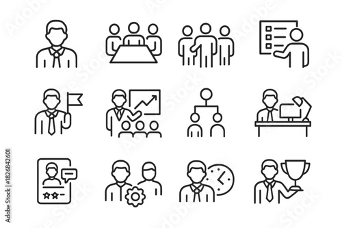 Managerial Leadership Icons. Managers leading workplace teams. Line icon set of Managers leading workplace teams: manager avatar, team meeting, group