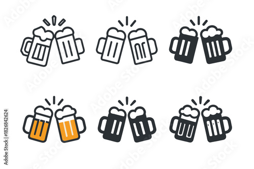 Beer Mug Logos. Beer mug. Icon set. Set Logo of beer mug: craft brewery emblem. harmonious logo variations of the same emblematic concept, each with different