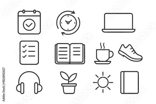 Flexible Schedule Icons. Flexible Schedule. Line icon set of Flexible Schedule: calendar with flexible day, clock with arrows, laptop closed, phone silent,