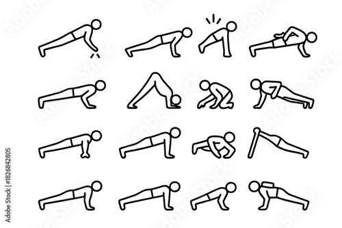 Explosive Push-Up Icons. Explosive Push-Ups. Line icon set of Explosive Push-Ups: clap push-up, one-arm push-up, explosive push-up, fingertip push-up, pike