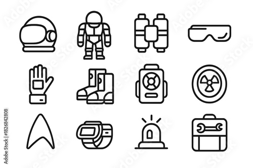 Future Astronaut Icons. Future astronaut gear. Line icon set of Future astronaut gear: helmet, exosuit, oxygen pack, smart visor, control gloves, boots, life