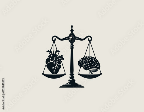 Symbolic black vector illustration of a traditional balance scale weighing a detailed anatomical human heart against a human brain, representing the balance of emotion and logic. Duality concept
