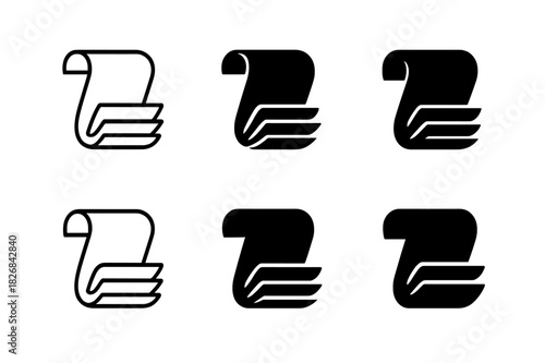 Scroll Logo Variations. Layers unfolding. Icon set. Set Logo of scroll unrolling. harmonious logo variations of the same emblematic concept (Minimal outline,