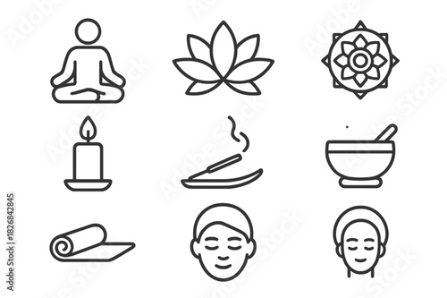 Meditative Icon Set. Meditation circle. Line icon set of meditation circle: sitting person, lotus pose, mandala, candle, incense, singing bowl, yoga mat, mala