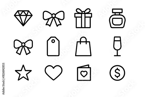 Luxury Gift Icons. Luxury Gifting. Line icon set of Luxury Gifting: diamond, ribbon, elegant box, perfume bottle, bow, price tag, bag, champagne glass, star,