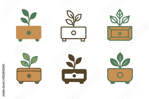 Upcycled Decor Icons. upcycled home decor. Icon set. Set Logo of upcycled home decor: vintage drawer planter box. harmonious logo variations of the same