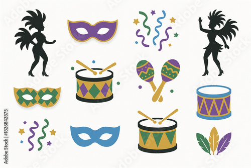 Carnival icon set torn vector ripped edges dancer’s masks confetti drums maracas on white background