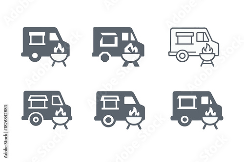 Food Truck Logos. Food truck street parties. Icon set. Set Logo of food truck street parties: barbecue grill beside open truck window. harmonious