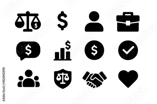Equal Pay Icons. Equal Pay Advocacy. Solid icon set of Equal Pay Advocacy: scale, dollar sign, person icon, briefcase, speech bubble, chart, coin, checkmark,