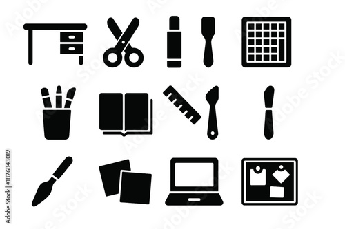Creative Workspace Icons. Creative workspace. Solid icon set of Creative workspace: desk, scissors, glue stick, cutting mat, pen holder, sketchbook, ruler,