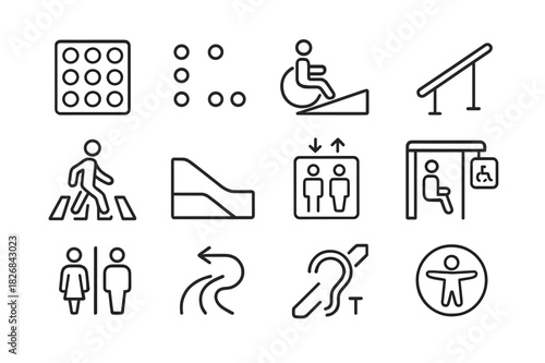 Urban Accessibility Icons. Urban accessibility tools. Line icon set of Urban accessibility tools: tactile paving, braille sign, wheelchair ramp, handrail,