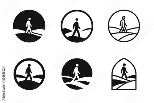 Barren Landscape Logos. Person walking through a barren landscape. Icon set. Set Logo of barren landscape: horizon with solitary figure. harmonious logo