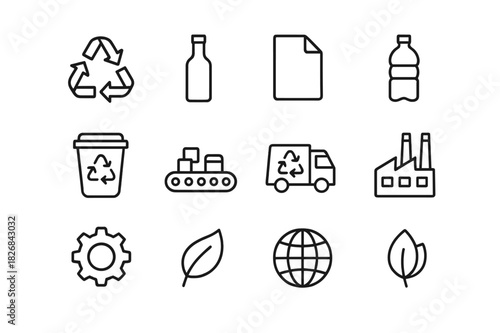 Recycling Icon Set. Recycling process. Line icon set of recycling process: recycling arrows, glass bottle, paper, plastic, metal can, sorting bin, conveyor
